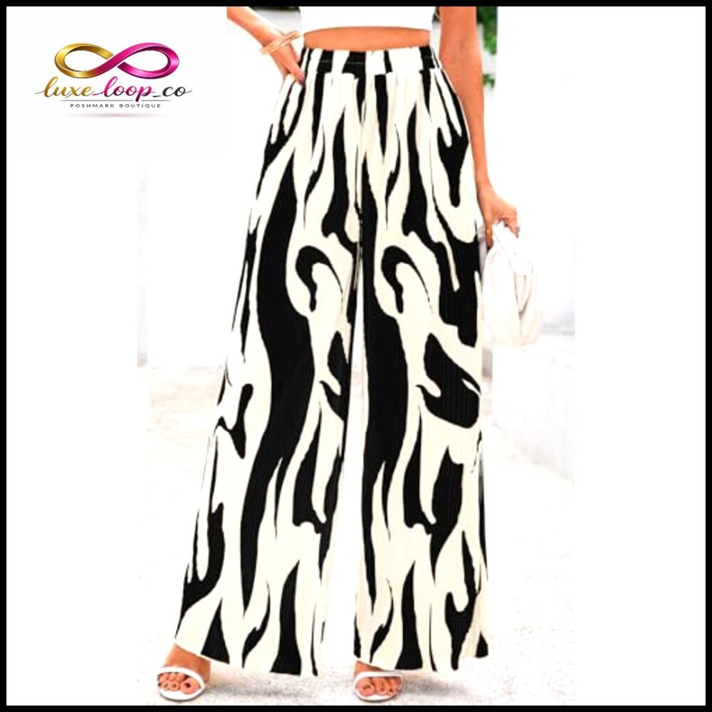 Wide Leg Palazzo Pants High‎ Waist Pleated Lounge Casual Graphic Print - Picture 2 of 7